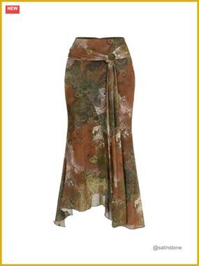 Y2K Boho Vintage Graphic Mesh Ruffle Fishtail Skirt